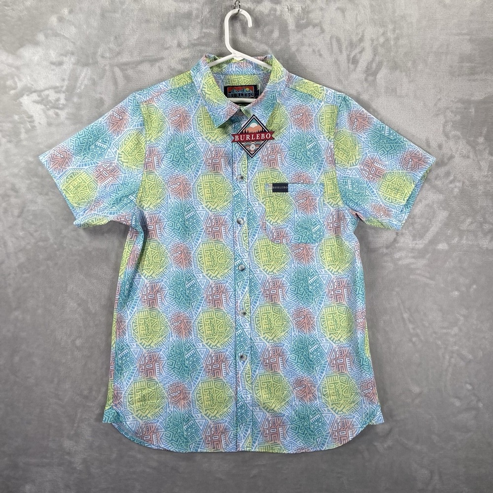 Burlebo Shirt Mens Medium Button Up Performance Rainbow Geometric AOP Print NWT